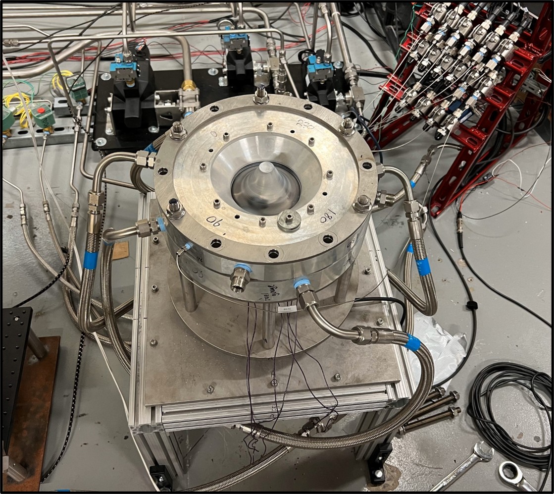 Founder's rocket propulsion work — combustion chambers, supersonic engine geometries, and instrumented test stands